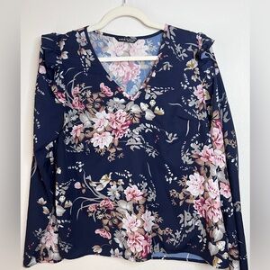 SHEIN Floral V-Neck Blouse - Navy and Pink